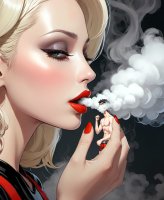 giantess blonde black_hair blue_eyes handheld shorts shrunken_man smoke red_nails no_background smokinggiantess ai_art