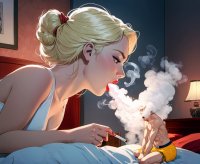 breasts blonde cleavage bed dress muscles shorts shrunken_man smoke cigarette bedroom hair_bow pillows lamp looking_at_tiny hair_bun smokinggiantess ai_art
