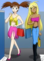 breasts drawing giantess city mega blonde color long_hair blue_eyes cleavage skirt high_heels buildings green_eyes brunette boots unknown_artist twintails giantesses pants dark_skin top belt source_needed shopping_bags anon bare_legs bare_midriff