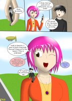 breasts drawing giantess city mega comic color handheld cleavage purple_hair brown_eyes blimp unknown_artist sitting jacket necklace road top dialogue source_needed on_shoulder bare_midriff