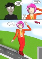 breasts drawing giantess city mega comic color cleavage purple_hair brown_eyes blimp unknown_artist jacket necklace road top dialogue source_needed bare_midriff