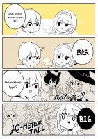 breasts drawing giantess horns comic monochrome cleavage bra gloves unknown_artist coffee hat headband dialogue source_needed rabbit_ears bare_midriff