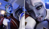breasts giantess vore alien comic large_breasts tongue armor blue_eyes cleavage blue_skin open_mouth shrunken_person freckles on_tongue digital_render mass_effect asari between_breasts samara bakedalaskabigs liara