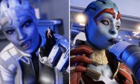 liara breasts giantess nude vore alien black_hair butt armor blue_eyes cleavage blue_skin shrunken_woman feeding freckles licking_lips pinched digital_render mass_effect asari miranda_lawson samara bakedalaskabigs