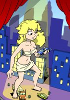 breasts drawing giantess city mega blonde color handheld barefoot cleavage skirt mario princess_peach playful buildings parody cosplay vehicles top stage attack_of_the_50_foot_woman spotlight looking_at_tiny bare_legs curtains drsgrowth makeshift_clothing bare_midriff