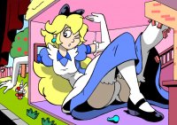 drawing growth giantess panties mega upskirt blonde color destruction mario princess_peach playful shoes stockings socks gloves dress parody cosplay alice_in_wonderland hair_bow earrings stage white_rabbit outgrowing_room curtains drsgrowth