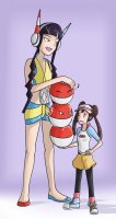 drawing giantess pokemon black_hair color anime shoes brunette mini_giantess unknown_artist shorts hat hands_on_hips no_background hilda hair_buns bare_legs elesa