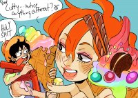 drawing giantess manga black_hair color nami one_piece ice_cream red_hair unknown_artist sandals shrunken_man hat monkey_d_luffy dialogue luffy no_background looking_at_tiny bare_legs