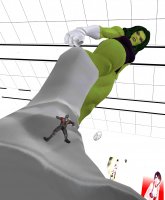 green_eyes climbing gloves green_hair boots muscles shrunken_man poster indoors fist costume ant-man point_of_view leotard helmet green_skin looking_at_tiny digital_render she-hulk bare_legs marvel_comics revan67