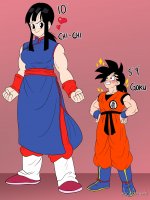 breasts drawing giantess black_hair color couple ponytail mini_giantess boots muscles dragon_ball goku size_comparison belt hands_on_hips chi_chi no_background looking_at_tiny son_goku fists gi aceartworks