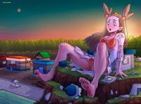 drawing growth giantess pokemon panties mega upskirt color destruction toes barefoot buildings brunette outgrowing_building moon unknown_artist pool forest jasmine ripped_clothing cliff twilight on_head