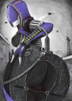 breasts drawing giantess city mega alien color butt buildings helicopter tali mask belt hands_on_hips between_buildings hood helmet thick_thighs spotlight mass_effect talizorah quarian louisthesmall