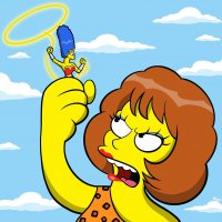 breasts drawing giantess mega color crossover handheld blue_hair angry brunette giganta marge_simpson simpsons fighting open_mouth costume milf wonder_woman earrings bracelet tiara lasso leopard_print looking_at_tiny dc_comics yellow_skin fusion rod_allen maude_flanders