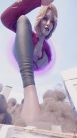 breasts giantess city mega blonde destruction barefoot rampage cleavage bra buildings short_hair foot_crush portal tontoblackadder pants jacket dust digital_render bare_midriff