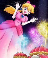 breasts drawing giantess giga mega blonde color large_breasts blue_eyes mario princess_peach gloves ponytail dress super_mario night fireworks waving hair_bow stars winking theater thedaibijin looking_at_tinies