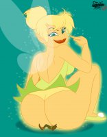 breasts drawing wings blonde color butt blue_eyes butt_crush fairy smiling dress sitting tinkerbell thighs disney looking_behind no_background pointed_ears hair_bun bare_legs peter_pan dncsamsonart