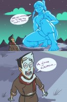 breasts drawing giantess mega comic black_hair color barefoot smiling ponytail unknown_artist kneeling blue_skin mountains dark_skin night dialogue stars source_needed korra scarf avatar_the_last_airbender looking_at_tiny legend_of_korra mako hand_on_knee