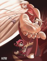 drawing white_hair micro wings angel blonde color butt toes barefoot demon climbing red_eyes yellow_eyes gloves red_hair ponytail dress shrunken_woman pants dirty_soles jacket apron point_of_view hair_bow on_foot halo looking_behind broom white_skin lute cyclops kisparlius hazbin_hotel charlie_(hazbin_hotel) vaggie charlie_morningstar niffty