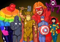 breasts drawing giantess black_hair color armor gloves mask pants avengers magic costume cape giant_girl bracelet hammer shield thor iron_man hulk captain_america spider-man marvel_comics nick_perks doctor_strange
