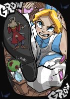 breasts drawing growth giantess crush blonde color destruction blue_eyes shoes sweat dress watch foot_crush shoe_crush indoors apron alice_in_wonderland hair_bow white_rabbit outgrowing_room alice galaxytrousers pocket_watch