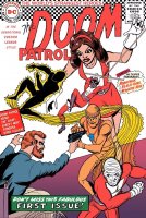 breasts drawing giantess chief color gun skirt green_eyes brunette gloves red_hair boots beast_boy parody comic_cover costume doom_patrol belt hairband no_background dc_comics bare_legs elasti-girl robotman negative_man rita_farr chris_haizlip