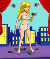 breasts drawing giantess city mega blonde color blue_eyes handheld barefoot cleavage skirt mario princess_peach playful buildings helicopter parody cosplay vehicles truck top stage attack_of_the_50_foot_woman looking_at_tiny bare_legs curtains makeshift_clothing bare_midriff vehicle_destruction bigchipher66