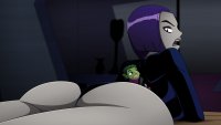 breasts drawing color butt bed green_eyes purple_hair purple_eyes raven teen_titans green_hair lying_down beast_boy shrunken_man thighs costume bedroom leotard annoyed looking_behind on_butt thick_thighs green_skin dc_comics bare_legs grey_skin ravenravenraven