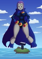 breasts drawing giantess mega color large_breasts water ocean purple_hair purple_eyes island raven teen_titans boots cape belt leotard hands_on_hips wading hood dc_comics bare_legs grey_skin titan_tower ravenravenraven