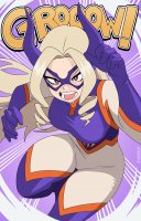 breasts drawing growth giantess horns blonde color large_breasts long_hair purple_eyes gloves mask thighs costume dialogue thick_thighs no_background my_hero_academia mt._lady nico_neko_art