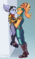 breasts drawing furry tail color butt blue_eyes handheld green_eyes sweat domination smiling gloves ponytail mini_giantess boots lesbians pants lombax earrings goggles belt white_fur white_skin wall scarf orange_skin ratchet_and_clank rivet orange_fur angela_cross theartofsilent prosthetic_arm
