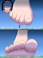 breasts drawing giantess nude blushing giga mega comic black_hair color blue_eyes toes barefoot blue_hair multiple_sizes smiling dress short_hair foot_crush dragon_ball cruel mountains giantesses bulma hairband chi_chi hair_bun cutaway bigchipher66