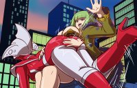 breasts drawing giantess horns city mega color large_breasts butt cleavage bra high_heels buildings anime green_eyes green_hair boots cartoon skyscraper giantesses spanking fairy_tail jacket ultraman costume necklace sitting_on_building twilight purple_nails axel-rosered bare_legs brandish ultrawoman_beth