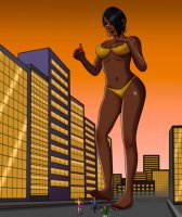 bikini breasts drawing giantess city mega blonde black_hair color handheld toes barefoot rampage cleavage skirt buildings brunette brown_eyes smiling short_hair foot_crush dark_skin red_nails earrings running_away imminent_crush looking_at_tiny bare_legs hair_covering_eyes bare_midriff bigchipher66
