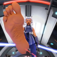 lekku breasts feet horns alien blue_eyes barefoot skirt gloves foot_crush star_wars shrunken_man indoors tattoo point_of_view lightsaber looking_at_tiny digital_render gauntlet sith orange_skin togruta ahsoka_tano jedi zabrak darth_maul anttiergod