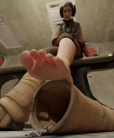 breasts armor toes barefoot brunette brown_eyes gloves short_hair boots sitting crawling star_wars shrunken_man pants indoors belt helmet looking_at_tiny stormtrooper digital_render hair_buns princess_leia leia dwighteisenhower