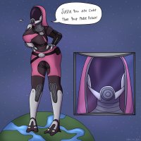 drawing giantess earth giga alien space color large_breasts water ocean spaceship boots mask belt dialogue stars hands_on_hips hood bending_forward window_view helmet looking_at_tiny cosmic_giantess mass_effect quarian cutaway picjusbro anime_cat_art