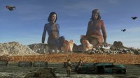 breasts giantess giga city mega black_hair barefoot buildings tank gloves short_hair sitting mountains giantesses pants vehicles hat jacket ruins road aircraft jumpsuit legs_crossed reporter scarf digital_render nora fallout evergrowingwaifus piper_wright preston_garvey