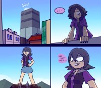 breasts drawing growth giantess city mega comic black_hair color buildings shorts airplane mountains smoke freckles shirt dialogue hands_on_hips purple_nails bare_legs vest megamaliit