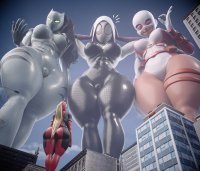breasts giantess giga city mega blonde black_hair large_breasts butt buildings multiple_sizes smiling camel_toe gloves ponytail looking_down giantesses mask costume point_of_view belt leotard hood glowing_eyes thick_thighs looking_at_tiny digital_render white_tiger gwen_stacy bare_legs spider-man marvel_comics spider-gwen gwenpool wotm8h8 lady_deadpool