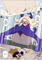 breasts drawing giantess blushing horns city mega blonde comic color long_hair butt robot buildings butt_crush purple_eyes sweat embarrassed gloves street boots mask thighs costume closed_eyes dialogue cracked_pavement scarf my_hero_academia minoru_mineta dangerking11 mt._lady
