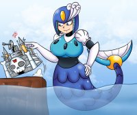 breasts drawing giantess tail mega color large_breasts robot blue_eyes water ocean mermaid castle smiling hands_on_hips poking splash_woman cmwaters mega_man