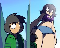 breasts drawing giantess mega comic black_hair color cleavage purple_eyes short_hair shorts towering outdoors jacket freckles top ripped_clothing looking_at_tiny bare_legs bare_midriff megamaliit