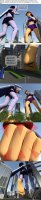 breasts giantess city mega alien comic black_hair armor toes barefoot skirt buildings green_eyes purple_hair purple_eyes raven teen_titans street red_hair starfire beast_boy fighting giantesses reflection fist costume point_of_view cape top belt leotard dialogue imminent_crush lamppost digital_render dc_comics orange_skin bare_midriff blackfire dudeduderson2000