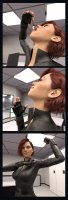 breasts vore comic gloves red_hair short_hair muscles shrunken_man dangle indoors flexing belt jumpsuit computer zipper throat_bulge black_widow digital_render labcoat marvel_comics anttiergod