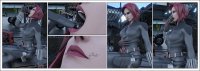 breasts vore comic gun green_eyes red_hair short_hair sitting shrunken_man open_mouth dangle indoors costume burp belt jumpsuit boombox legs_crossed zipper black_widow digital_render marvel_comics solidsunny