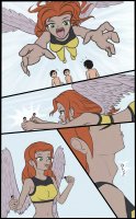 breasts drawing giantess nude vore wings comic color long_hair handheld green_eyes red_hair shrunken_men pants costume top throat_bulge no_background pred dc_comics bare_midriff hawkgirl armiodyz