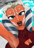 breasts drawing giantess vore giga horns city mega alien color blue_eyes cleavage star_wars open_mouth falling tattoo on_lips anon orange_skin togruta looking_at_tinies ahsoka_tano mass_vore mayami456 jedi Mega lekku