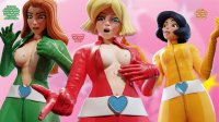 breasts giantess nude blonde black_hair penis blue_eyes cleavage green_eyes blood brown_eyes red_hair shrunken_men shrunken_people dark_skin clover totally_spies belt jumpsuit dialogue alex sam zipper no_background on_finger digital_render on_breasts clothing_entrapment looking_at_tinies legeante