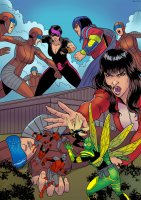 breasts drawing giantess wings mega black_hair color long_hair cleavage blue_hair brunette superhero boots shrunken_men reaching fighting giantesses mask dark_skin punch outdoors fist costume belt giantessfan jumpsuit helmet scarf looking_at_tiny supervillain hair_streak