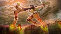 breasts drawing giantess city mega blonde black_hair color large_breasts butt destruction sword rampage cleavage buildings anime short_hair boots kick underboob fire fighting giantesses pants jacket ripped_clothing wall attack_on_titan shingeki_no_kyojin scarf mikasa_ackerman annie_leonhardt hair_bun giantessgirlcomics macrosapiens